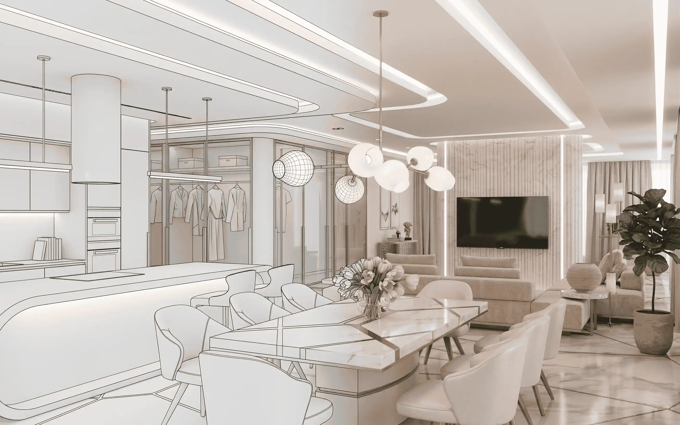 3D wireframe rendering of a luxury open-concept residential interior, showcasing the architectural visualization process for a modern dining area, kitchen, and living room