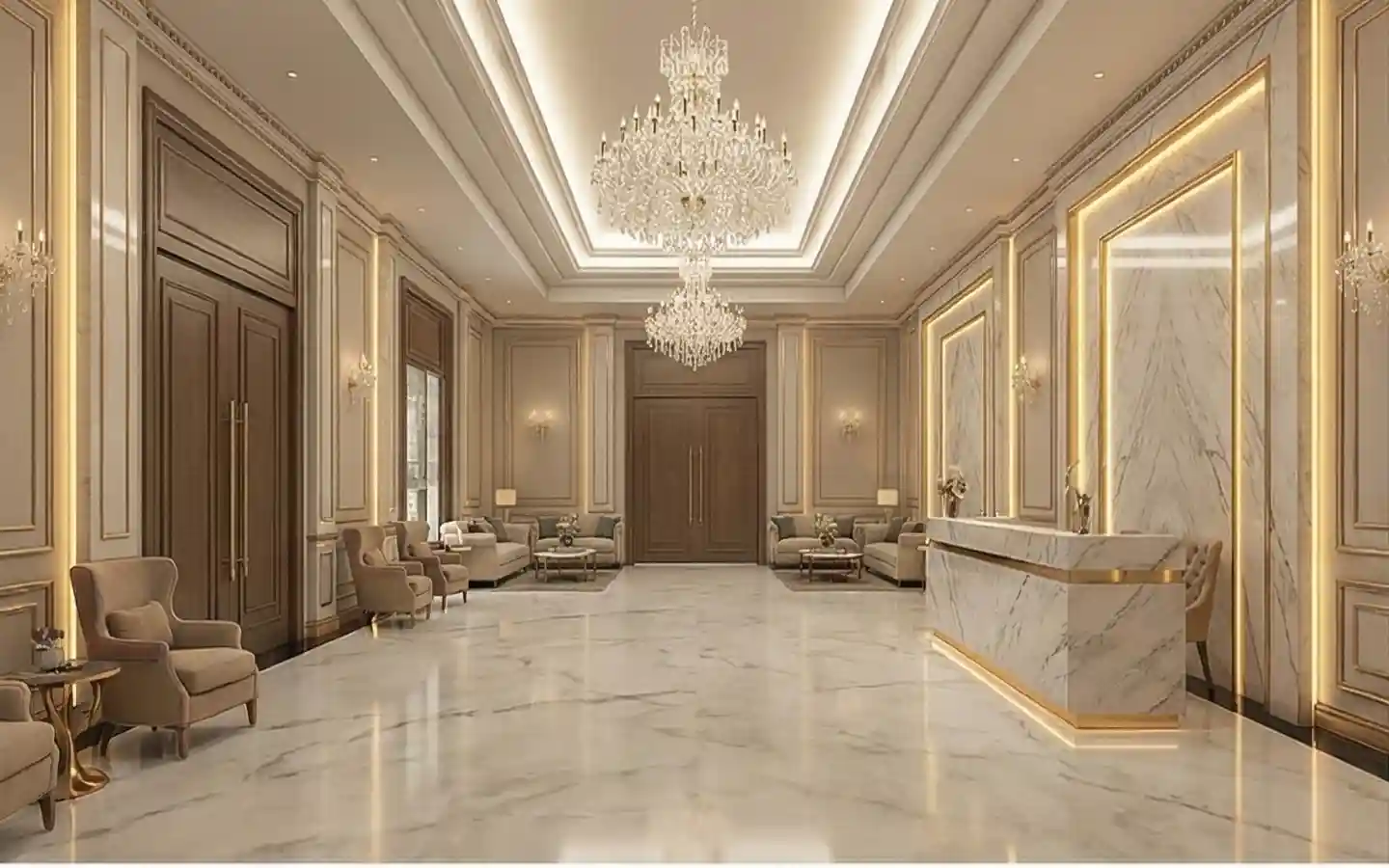 Luxury wedding hall reception and banquet lobby interior featuring a white marble desk, gold wall trim, elegant chandeliers, and premium lounge seating