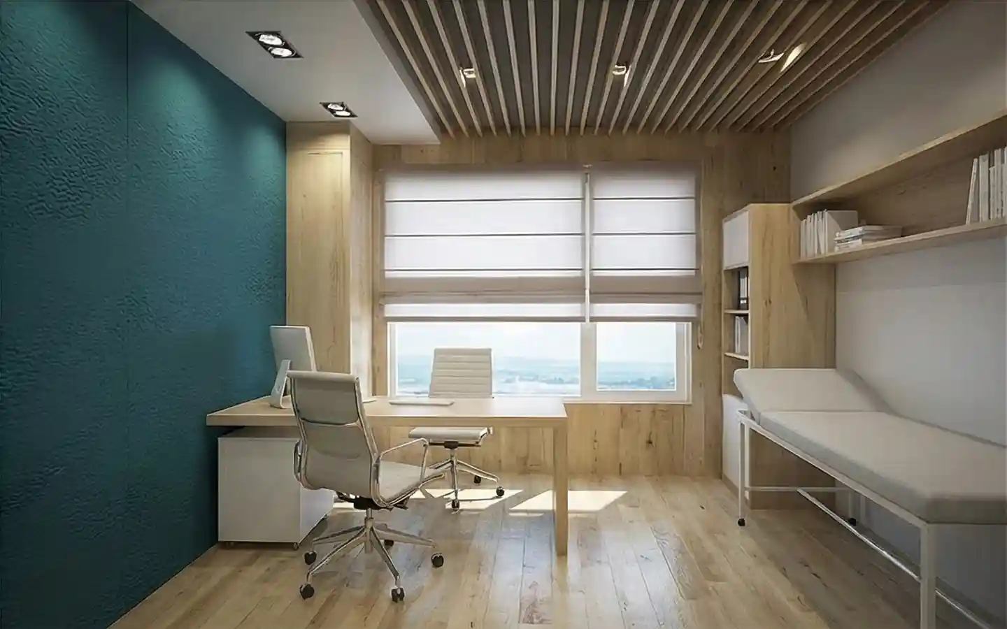 Compact medical consultation room featuring a teal accent wall, wood slat ceiling, minimalist desk, and a patient examination bed