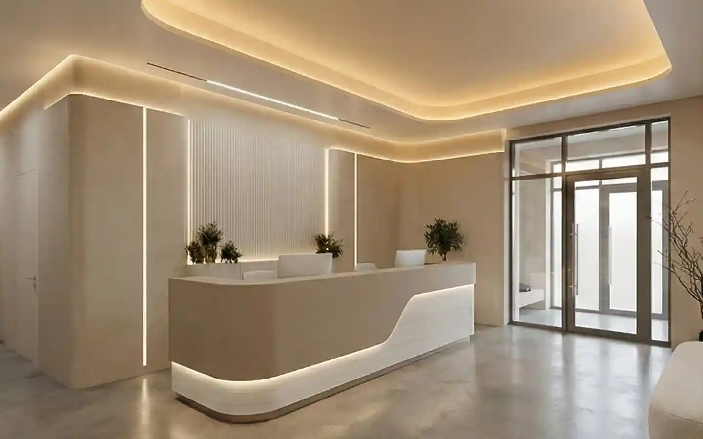 Luxury medical clinic reception area featuring a curved minimalist desk with integrated LED lighting and a modern recessed ceiling