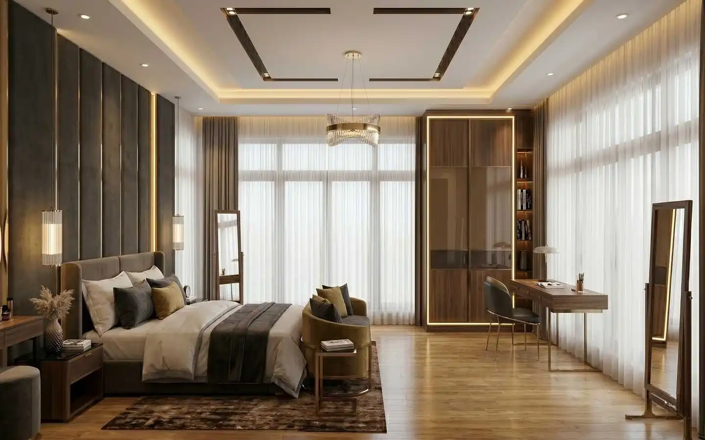 Advance modern luxury bedroom interior design featuring premium wooden wardrobe and elegant lighting in Delhi NCR