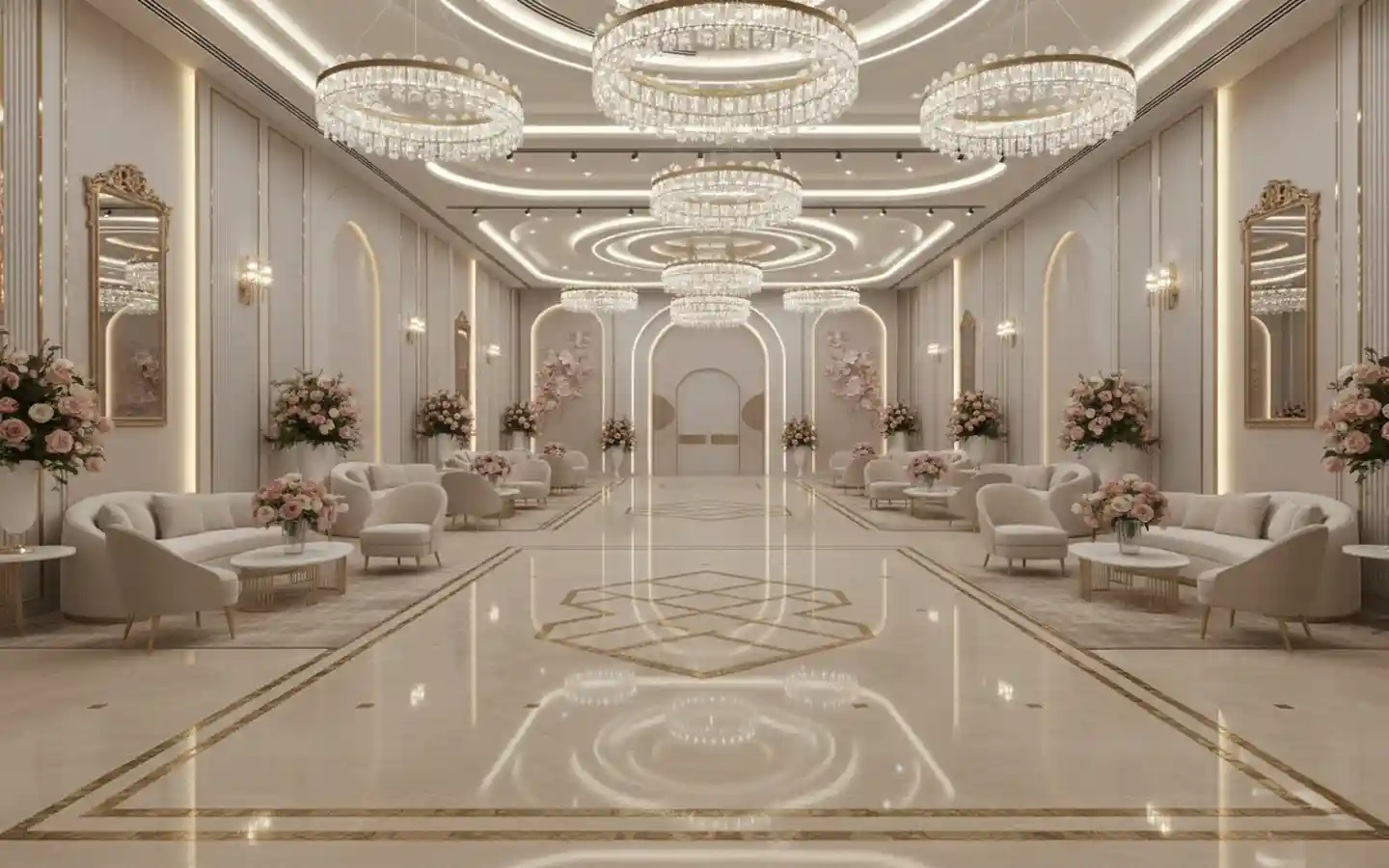 Modern luxury banquet hall lounge with circular crystal chandeliers, curved velvet sofas, and elegant arched wall niches with floral arrangements