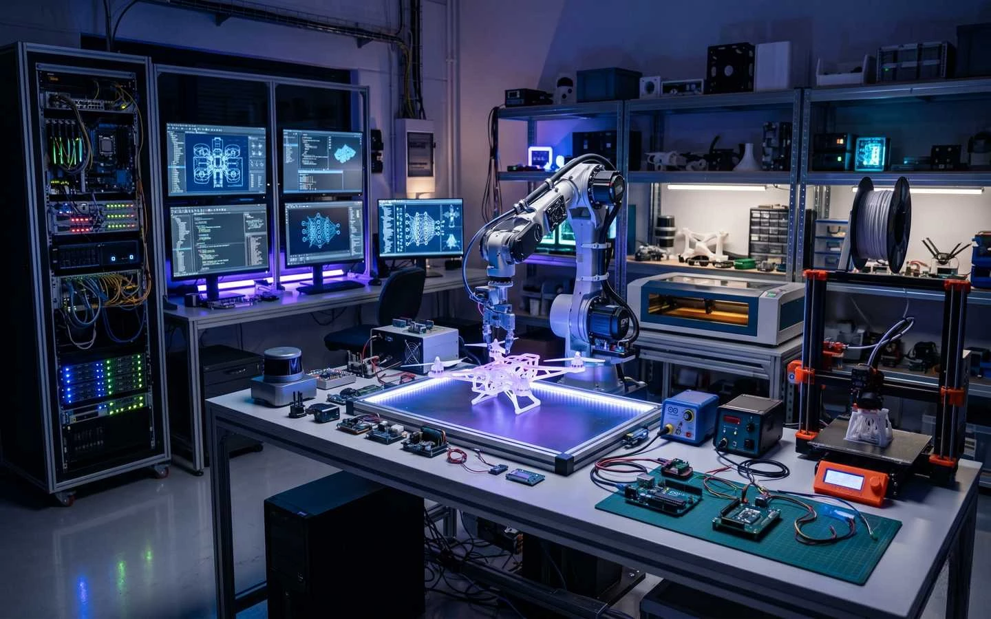 High-tech robotics laboratory interior with industrial workstations, 3D printers, server racks, and a robotic arm assembling a drone