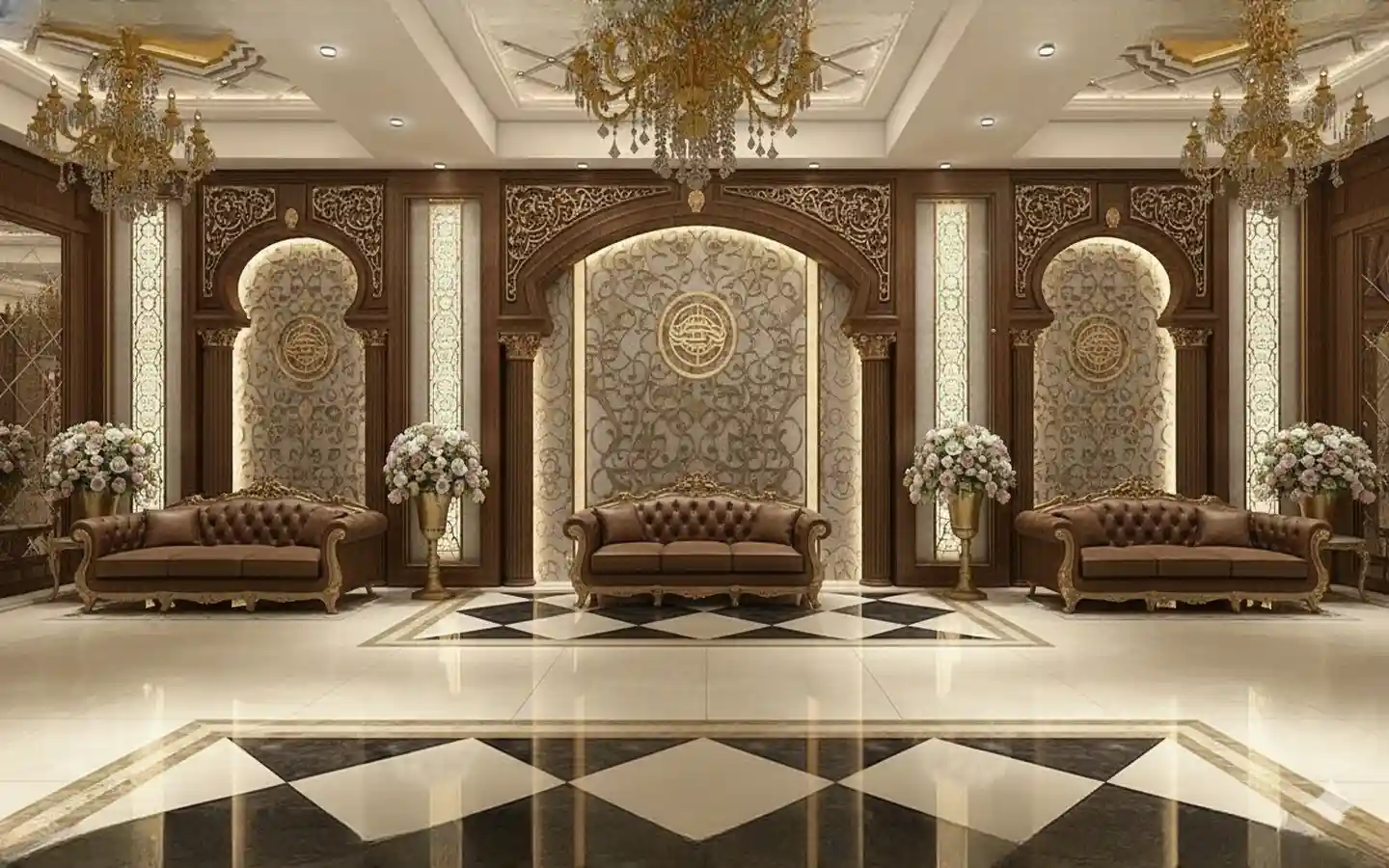 Luxury banquet hall featuring Arabic-style arched wall panels, intricate wood carvings, leather Chesterfield sofas, and ornate gold chandeliers