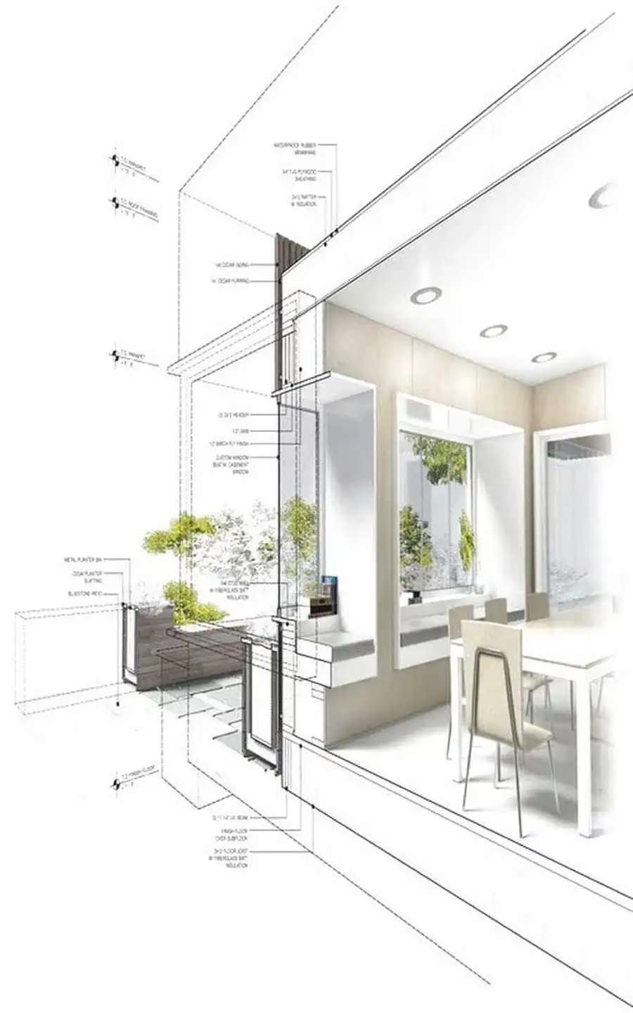 Architectural 3D section perspective drawing blending technical exterior wireframe and structural annotations with a fully rendered modern dining room interior