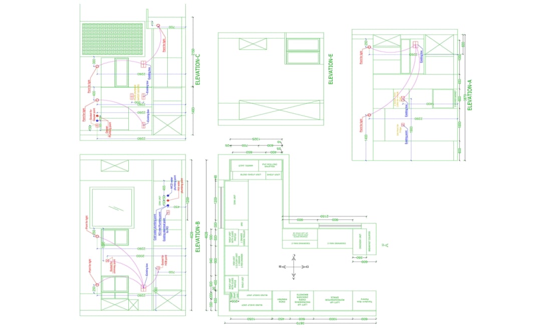 Detailed architectural elevation and plan drawing with measurements, LED strip lighting, switch boards, sockets, and cabinetry layout