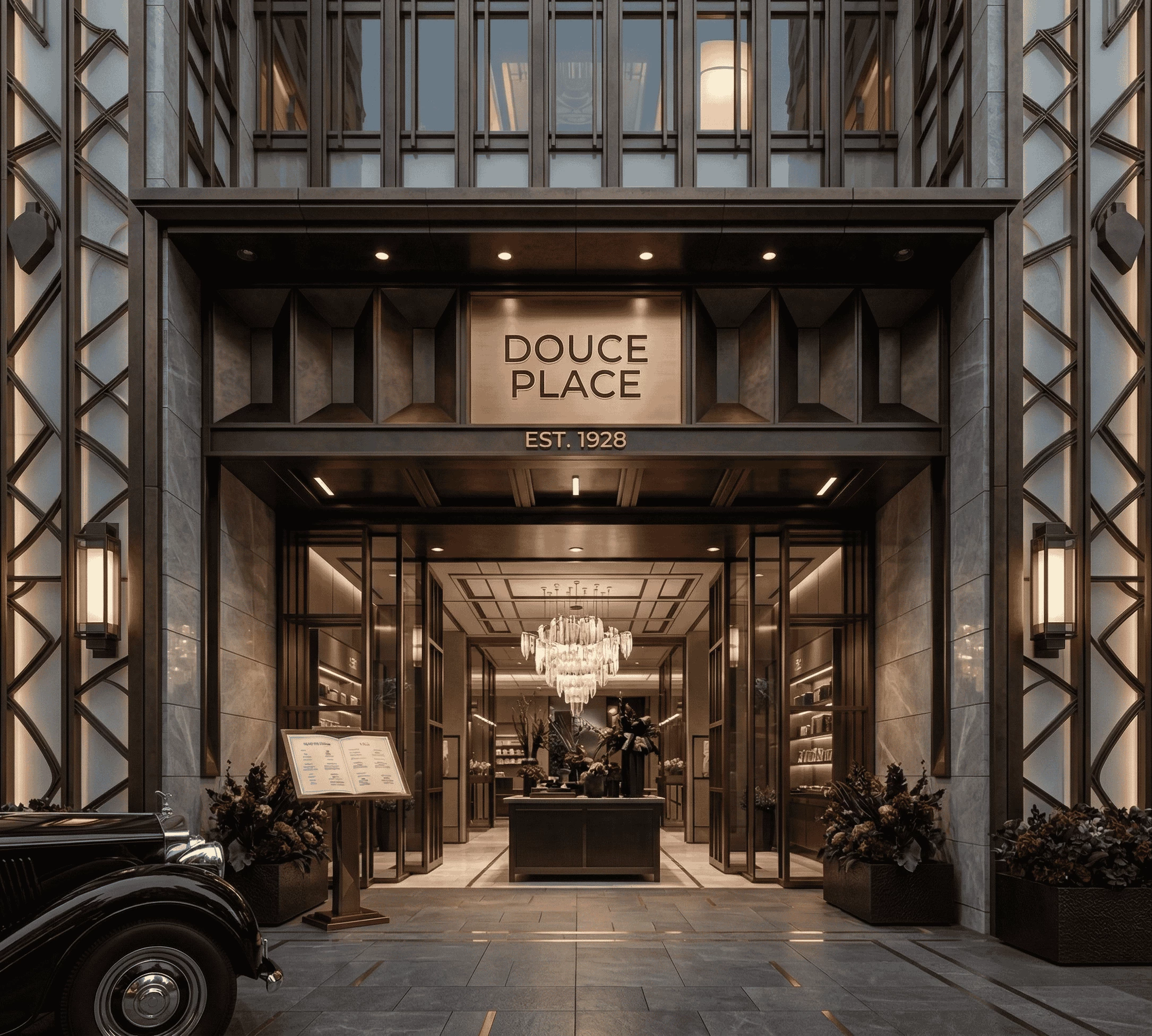 Ornate Art Deco entrance of Douce Place featuring a crystal chandelier, glass doors, and a vintage black car parked outside