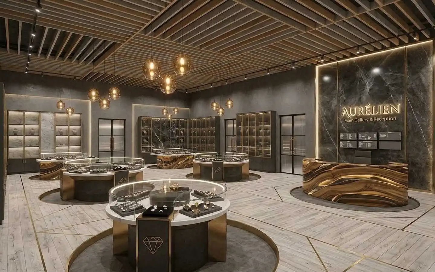 Luxury jewelry showroom interior for Aurélien featuring circular marble display cases, a marble reception desk, and a modern slatted wood ceiling with pendant lighting