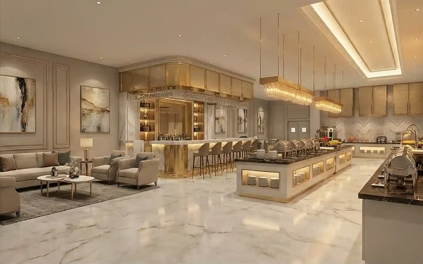 Modern banquet hall interior featuring a luxury gold-accented bar, marble floors, and a professional catering buffet station