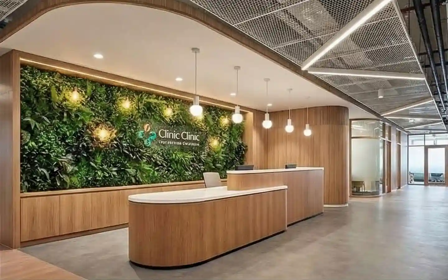 Modern clinic reception area featuring a lush vertical green wall, natural wood paneling, and a curved wooden welcome desk