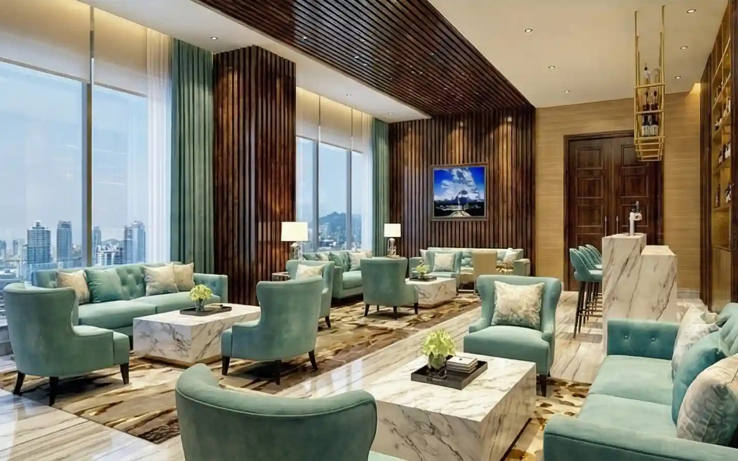 Luxury hotel lounge area featuring teal velvet sofas, marble coffee tables, and vertical wood slat wall paneling with floor-to-ceiling city views
