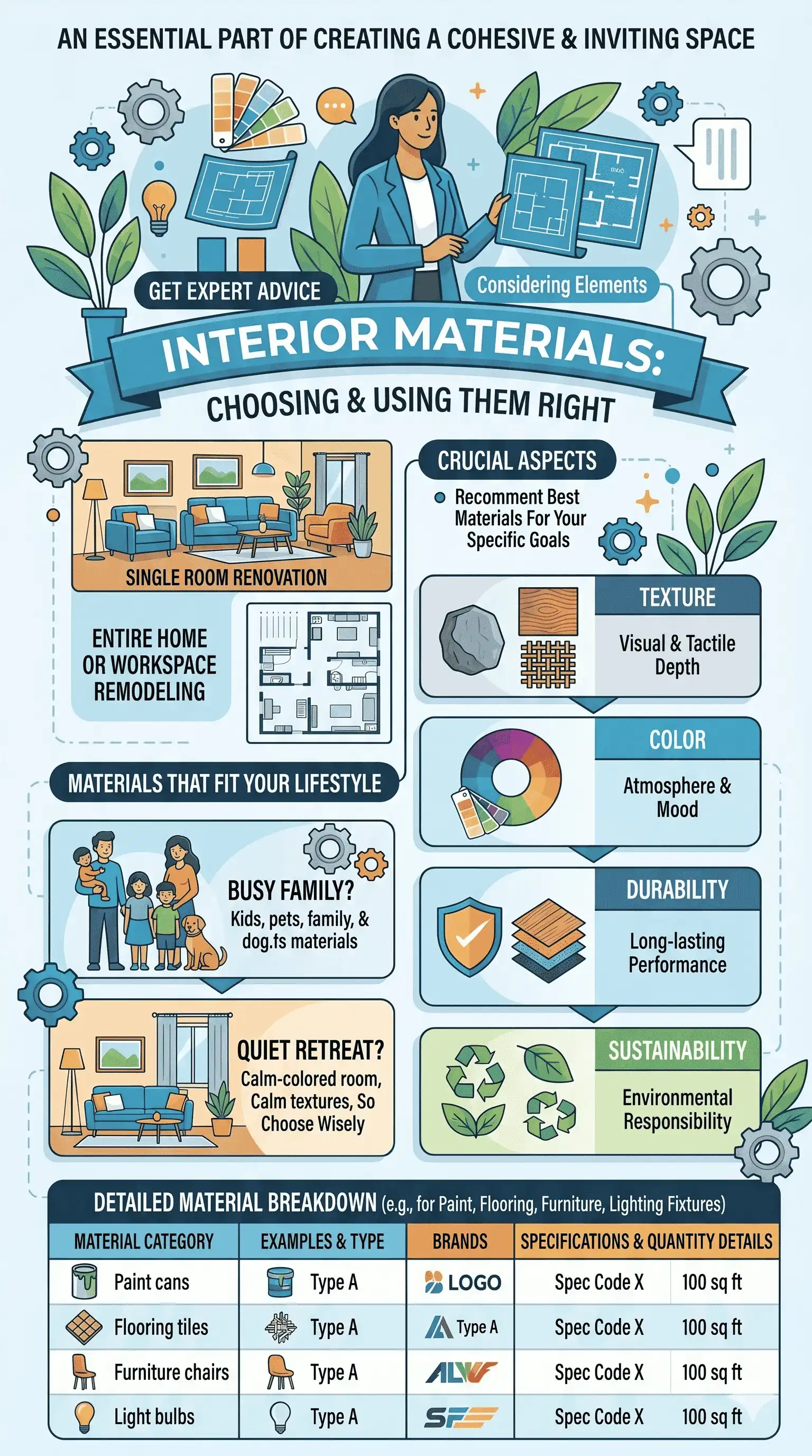 Infographic guide on choosing the right interior design materials, highlighting crucial aspects like texture, color, durability, and sustainability for room renovations and home remodeling