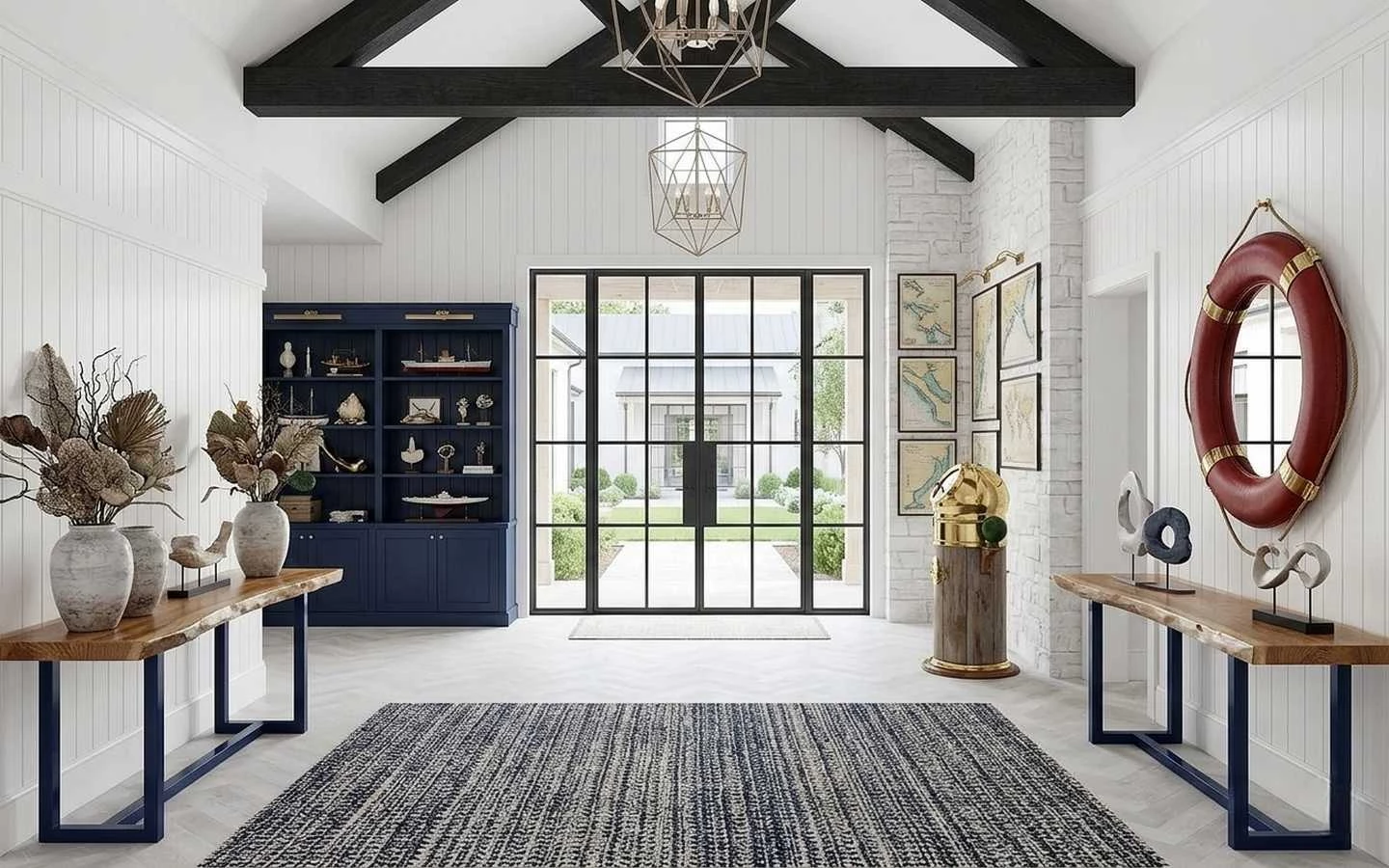 Coastal modern farmhouse entryway with white shiplap walls, black vaulted ceiling beams, blue built-in cabinetry, and nautical decor accents