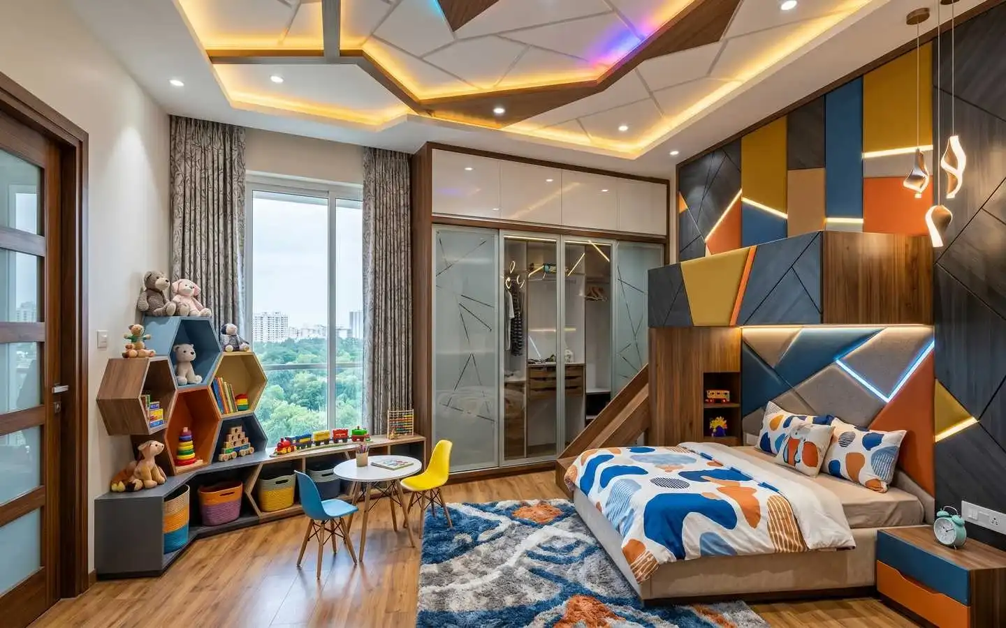 Vibrant kids' bedroom interior with geometric wall panels, hexagon shelving, and modern lighting by professional interior designers in Delhi NCR