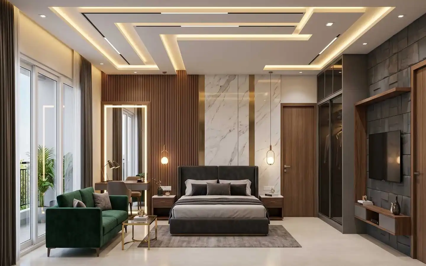 A contemporary bedroom interior featuring geometric ceiling lighting, wood paneling, marble accents, and a stylish green sofa designed by expert interior decorators in Delhi NCR