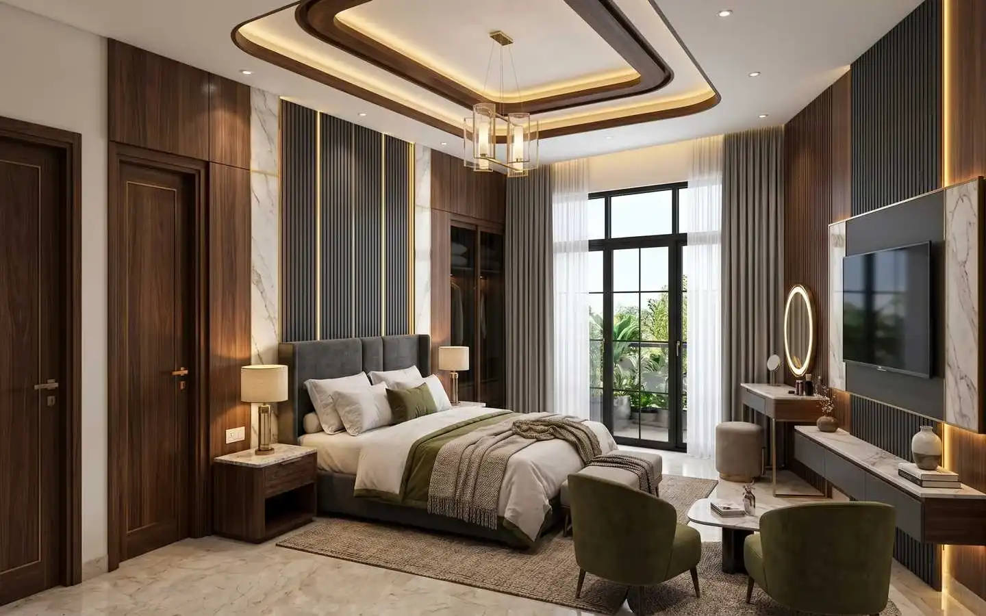 A contemporary master bedroom featuring dark wood paneling, elegant green accent furniture, and ambient lighting designed by expert interior decorators in Delhi NCR