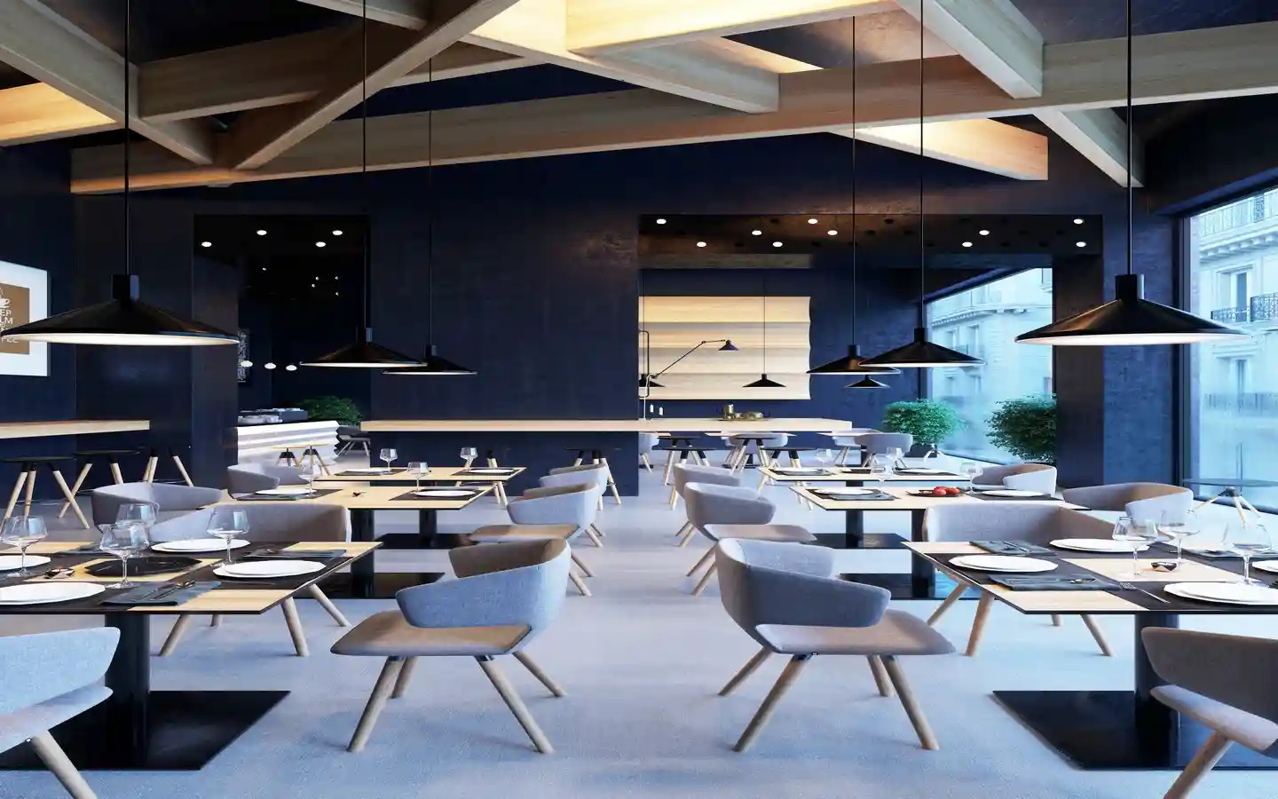 Contemporary restaurant dining room featuring exposed light wood ceiling beams, navy blue accent walls, and modern gray chairs with black pendant lighting
