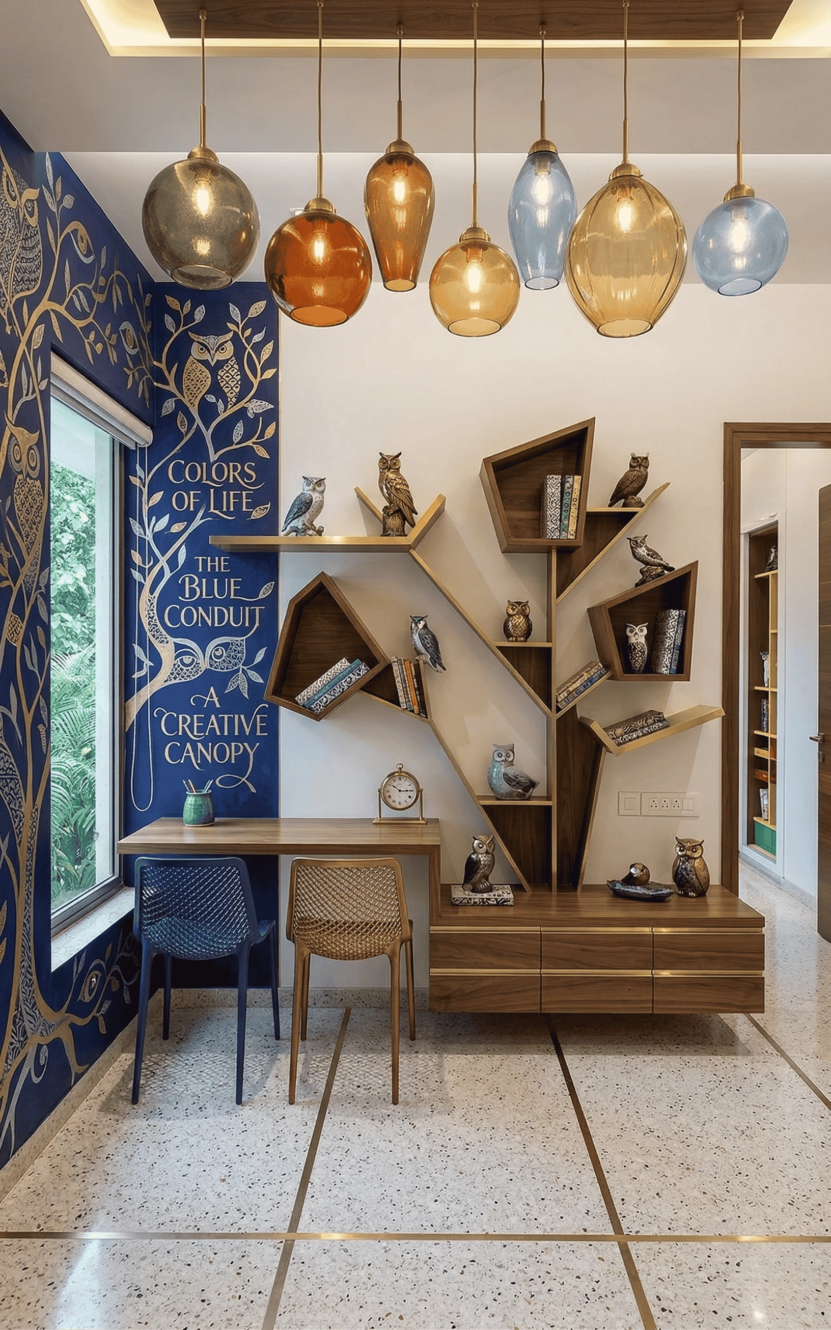 Creative kids' study area featuring a unique tree-shaped wooden bookshelf, blue hand-painted wall art with gold accents, and colorful glass pendant lights