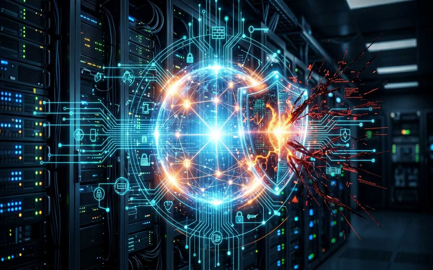 Digital security shield protecting a global network and server room from a cyber attack, illustrating high-level data encryption and cloud security