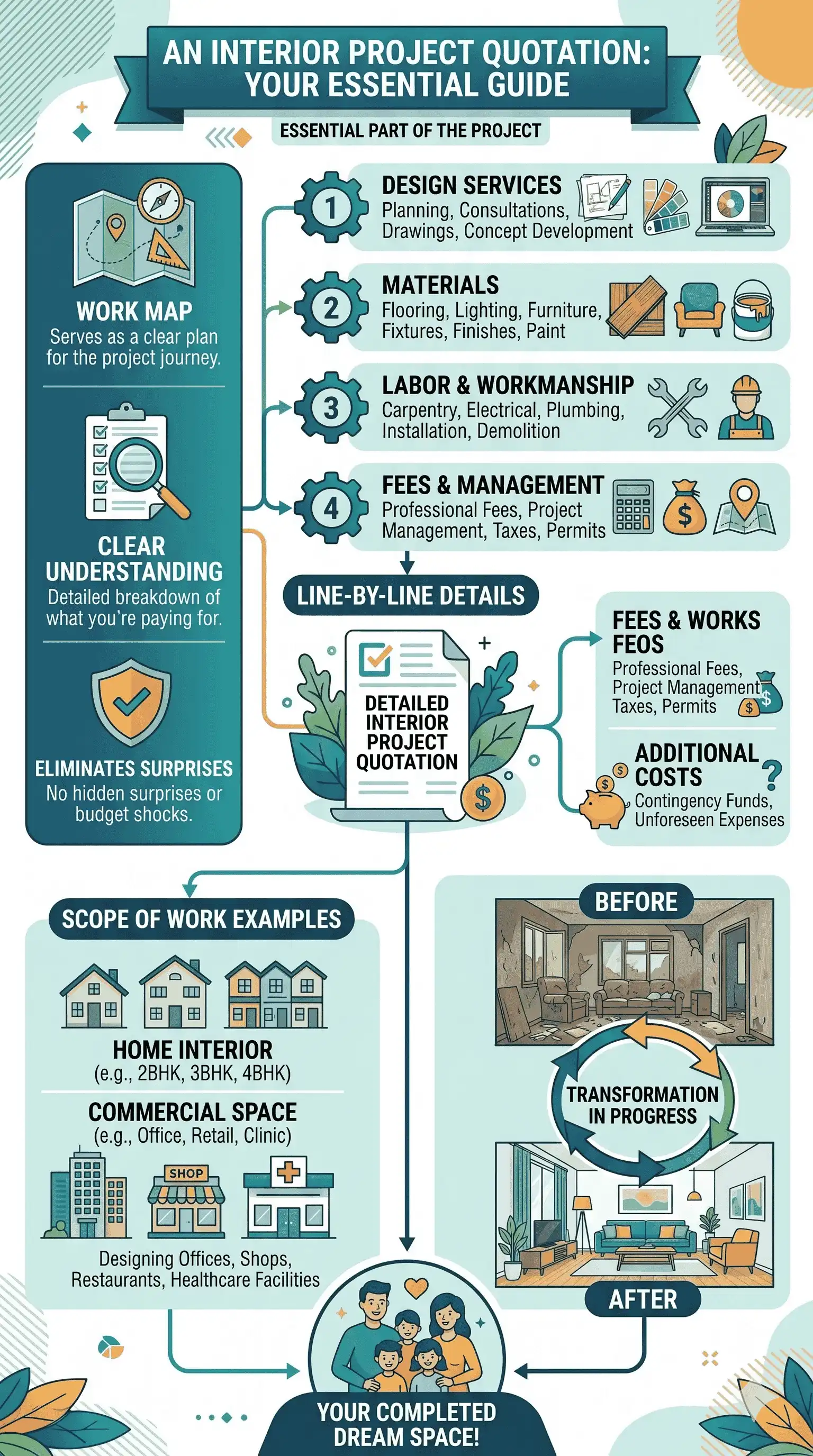 Infographic explaining the essential components of a detailed interior design project quotation, covering design services, materials, labor costs, fees, and scope of work examples alongside a before-and-after room transformation