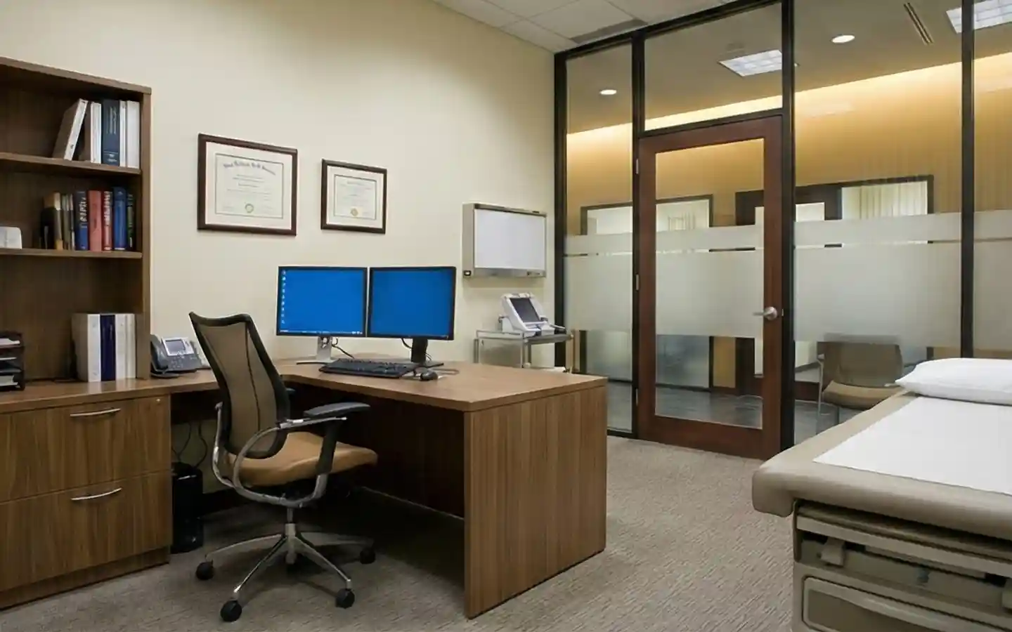 Doctor’s private consultation clinic office featuring a wooden desk with dual monitors, professional bookshelf, and glass partition door