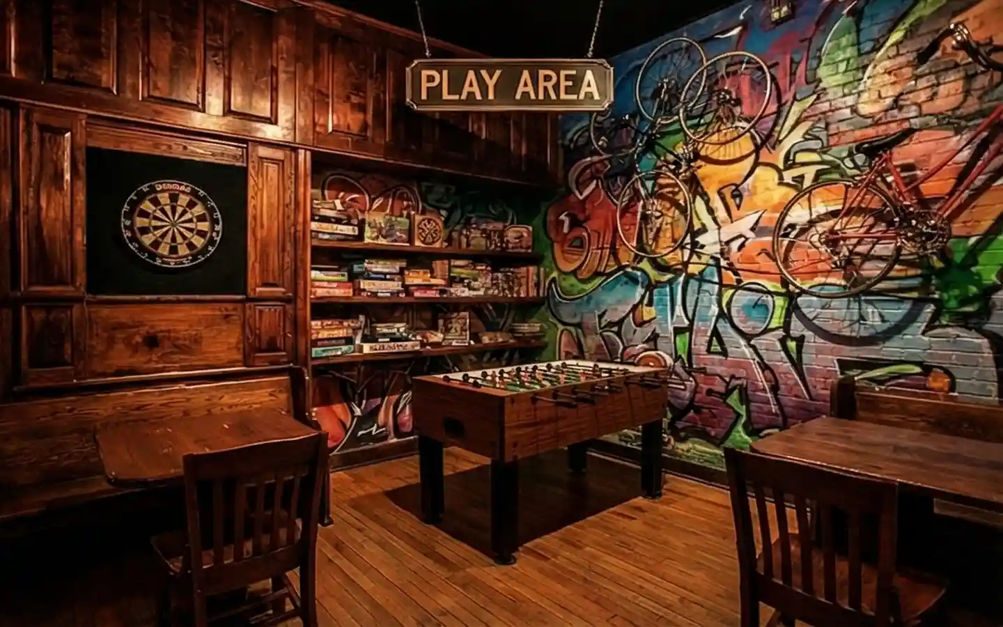 Eclectic pub play area featuring a graffiti-covered brick wall with hanging bicycles, dark wood paneling, a dartboard, and a foosball table