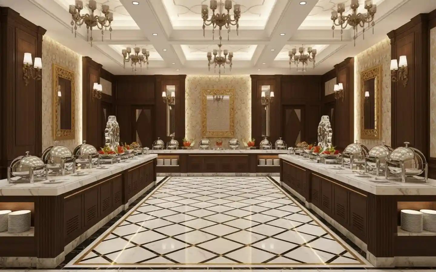Elegant banquet hall dining area featuring a marble buffet counter with stainless steel chafing dishes and classic wood paneling