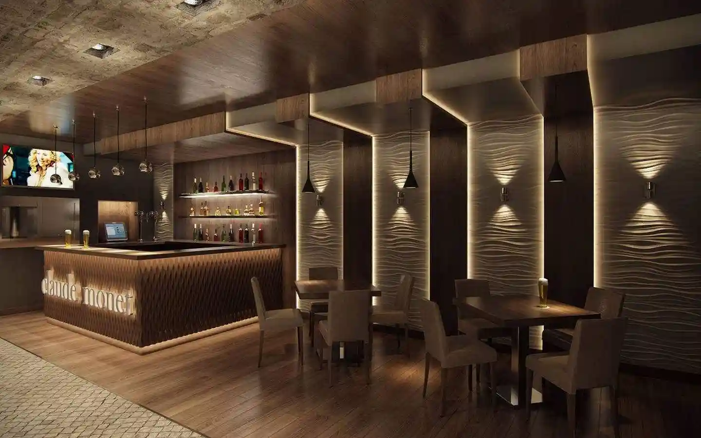 Sophisticated restaurant lounge interior featuring wavy 3D wall panels with integrated LED lighting, wooden flooring, and a branded bar area