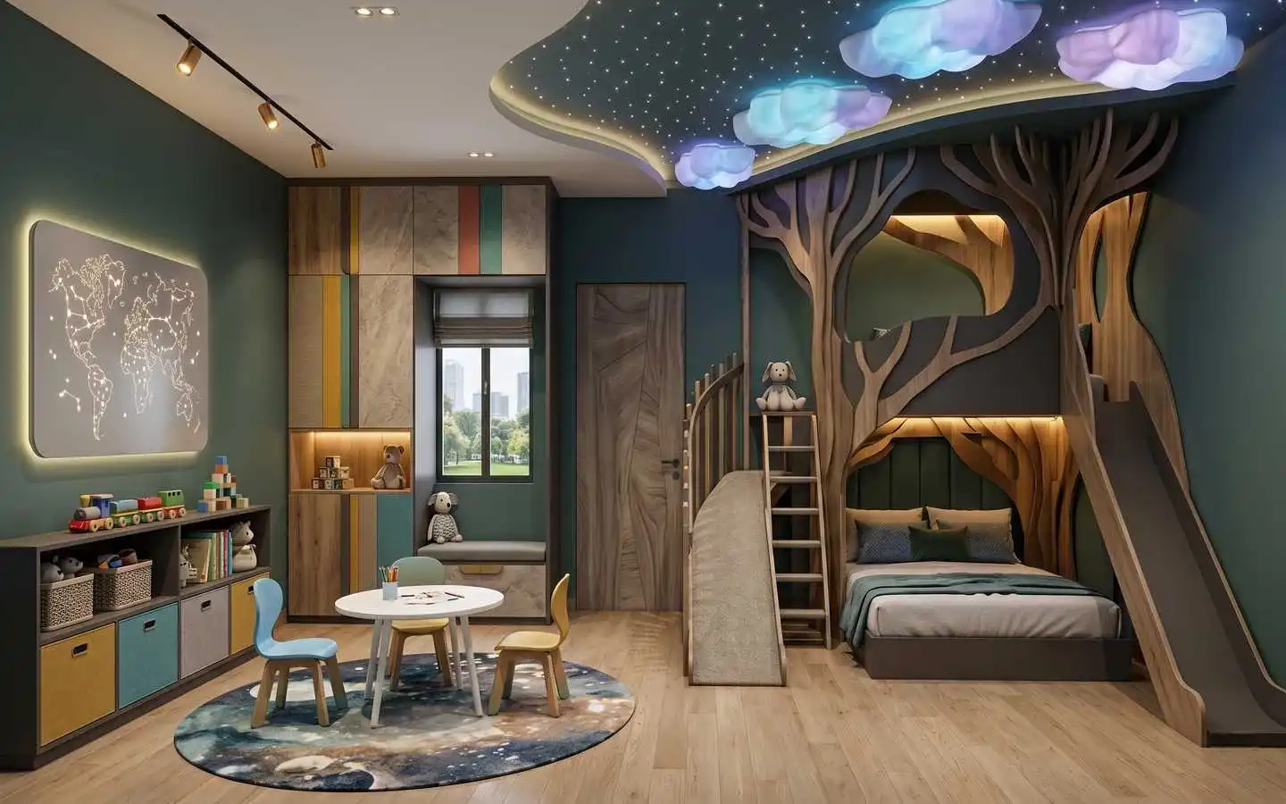 Enchanted forest-themed kids' bedroom with custom treehouse bunk bed, indoor slide, and starry ceiling lights by interior designers in Delhi NCR