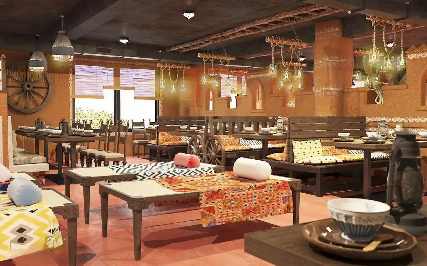 Rustic village themed restaurant interior with traditional charpai seating, wooden wheel decor, and warm ambient rope lighting
