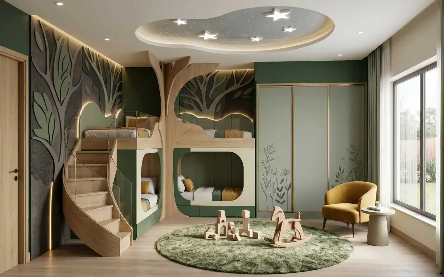 Enchanting forest-themed kids' bedroom with a custom wooden treehouse bunk bed, star-lit ceiling, and nature-inspired decor by interior designers in Delhi NCR