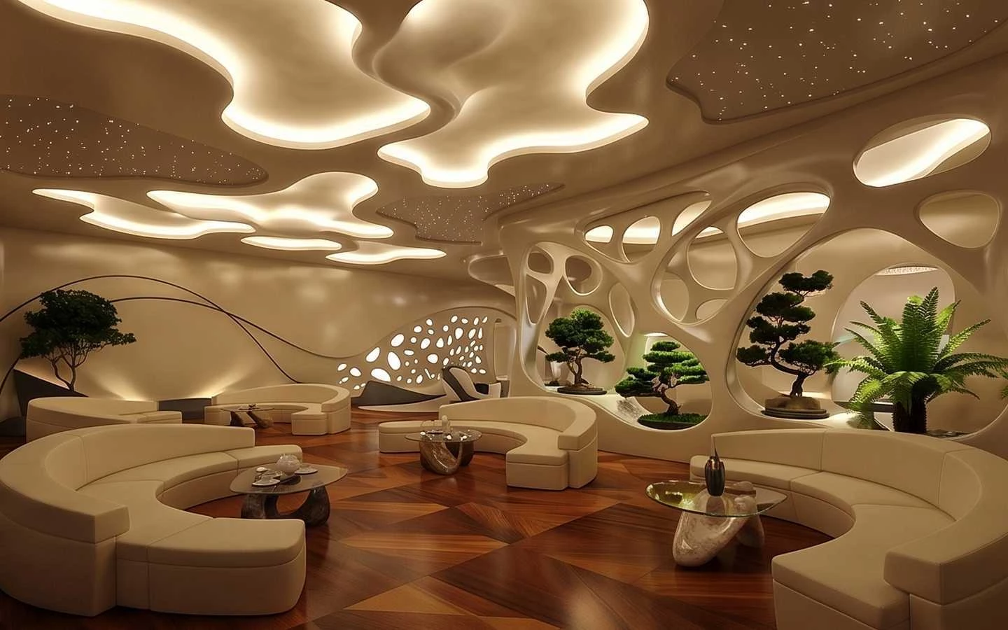 Futuristic luxury salon waiting lounge featuring organic parametric wall structures, backlit cloud-shaped ceiling panels, curved cream sofas, and indoor bonsai trees