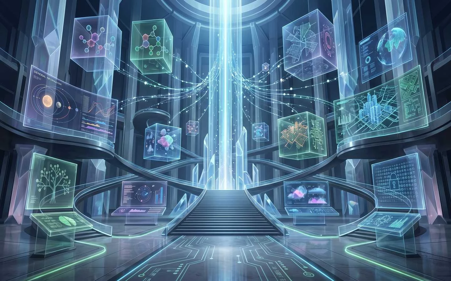 Futuristic interior design of a high-tech command center featuring holographic data screens, floating digital cubes, and glowing blue architecture