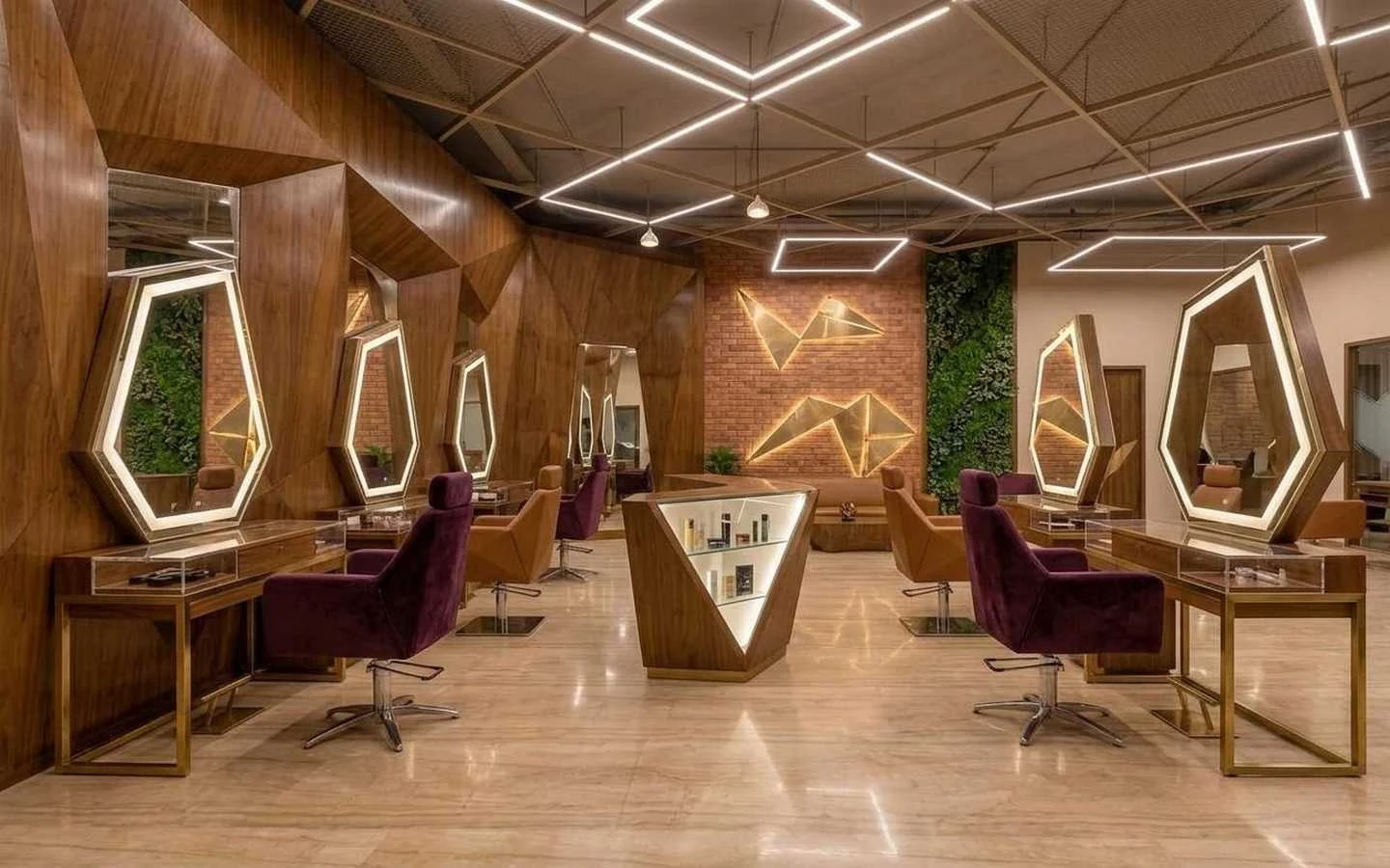 Modern salon interior featuring geometric wood wall paneling, hexagonal lighted mirrors, velvet purple chairs, and architectural LED ceiling lights