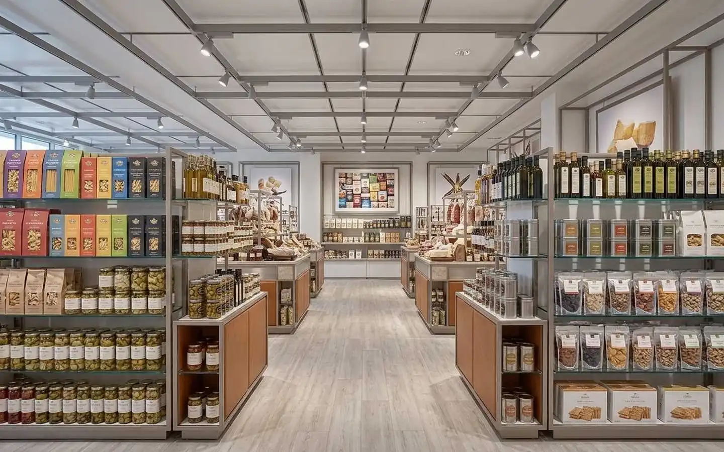 Gourmet market interior view of organized product aisles with minimalist metal shelving, glass displays, and a grid-style ceiling track lighting system