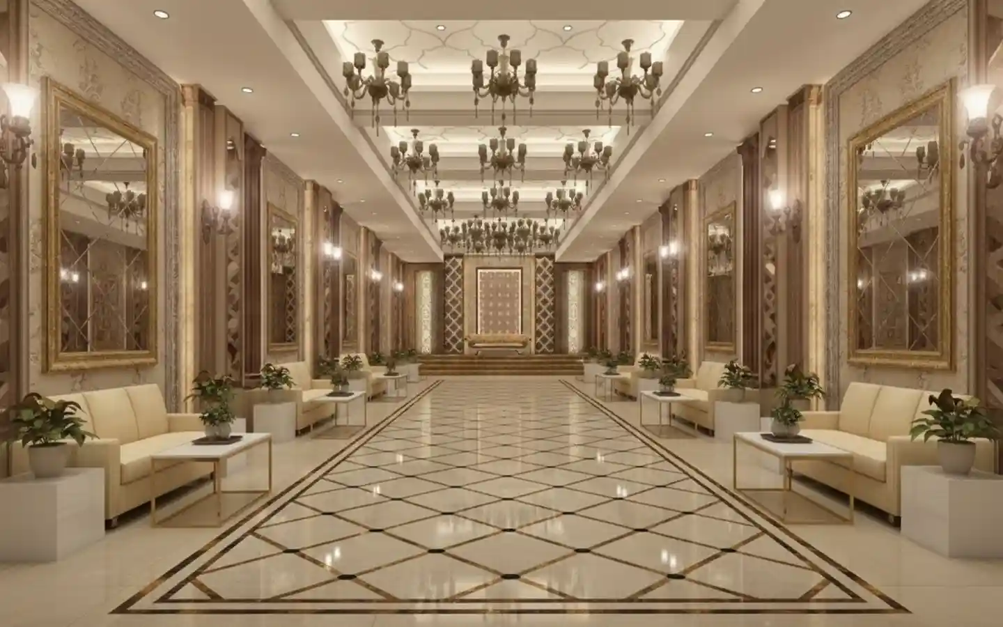 Opulent banquet hall interior featuring multiple crystal chandeliers, gold-framed mirrors, and elegant seating arrangements