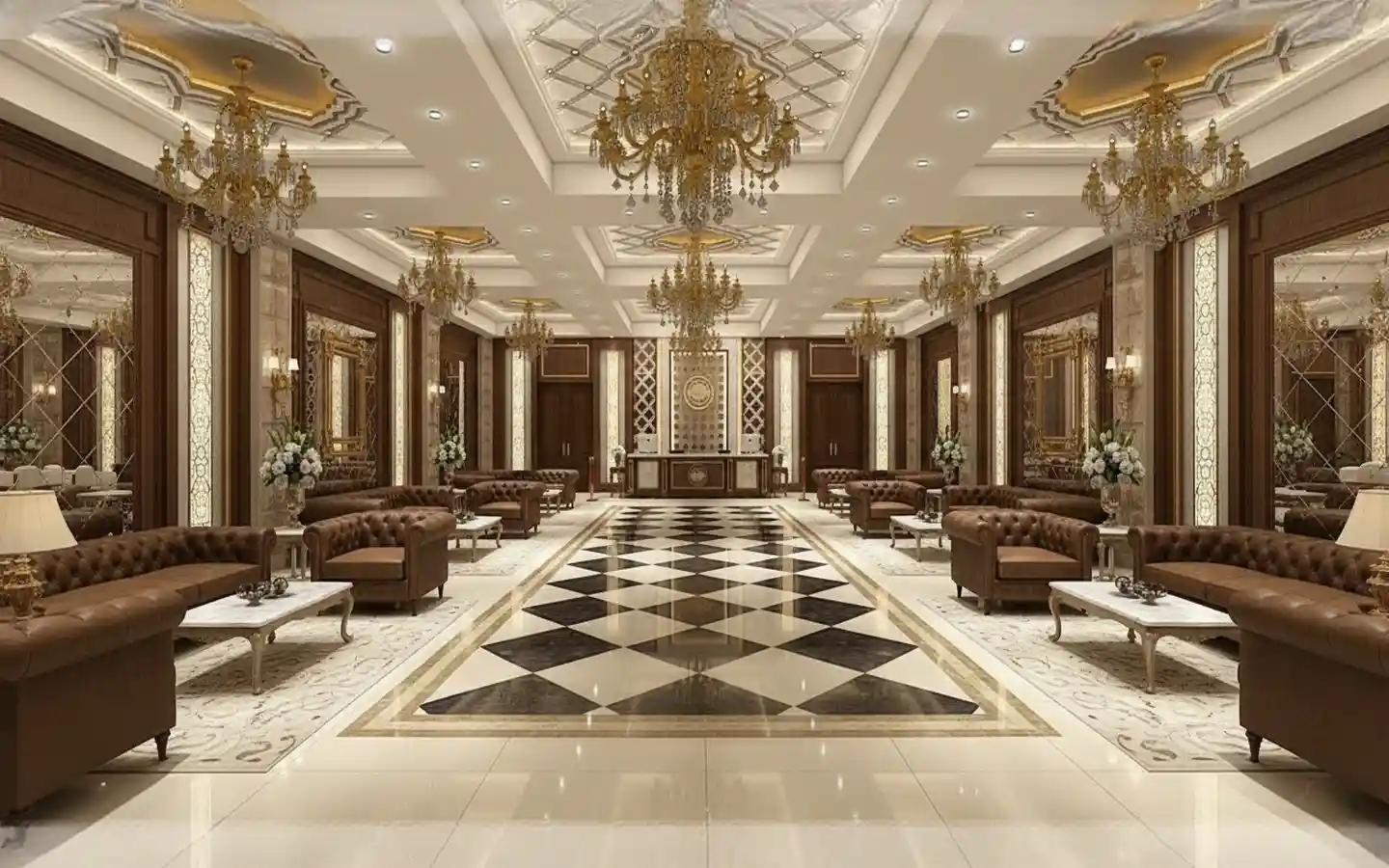 Luxury banquet hall lounge with brown leather chesterfield sofas, ornate gold chandeliers, and a black and white checkered marble floor