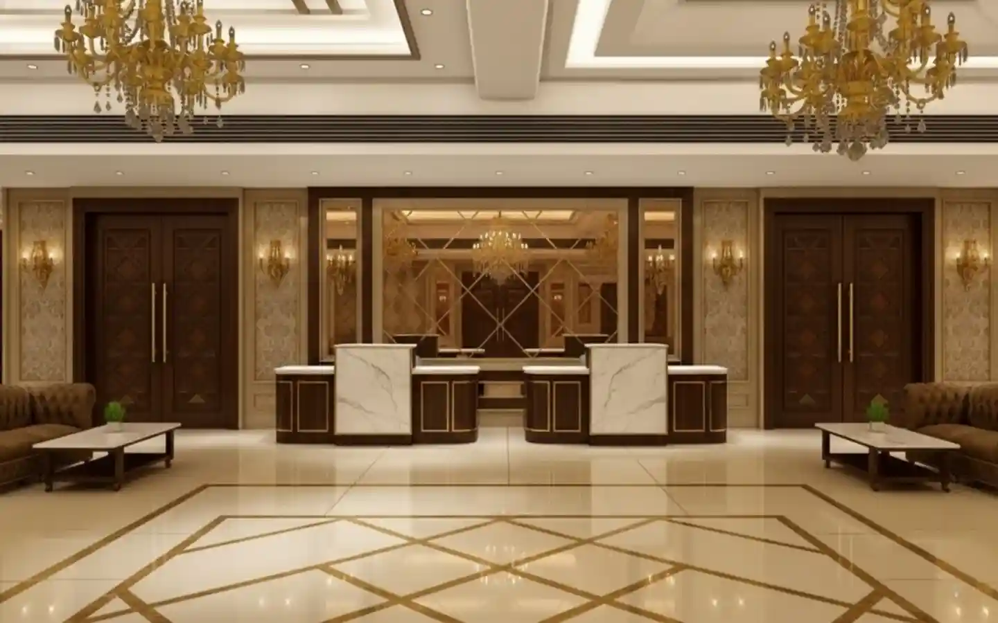 Symmetrical banquet hall entrance featuring marble reception desks, leather sofas, and ornate gold chandeliers with a decorative tray ceiling