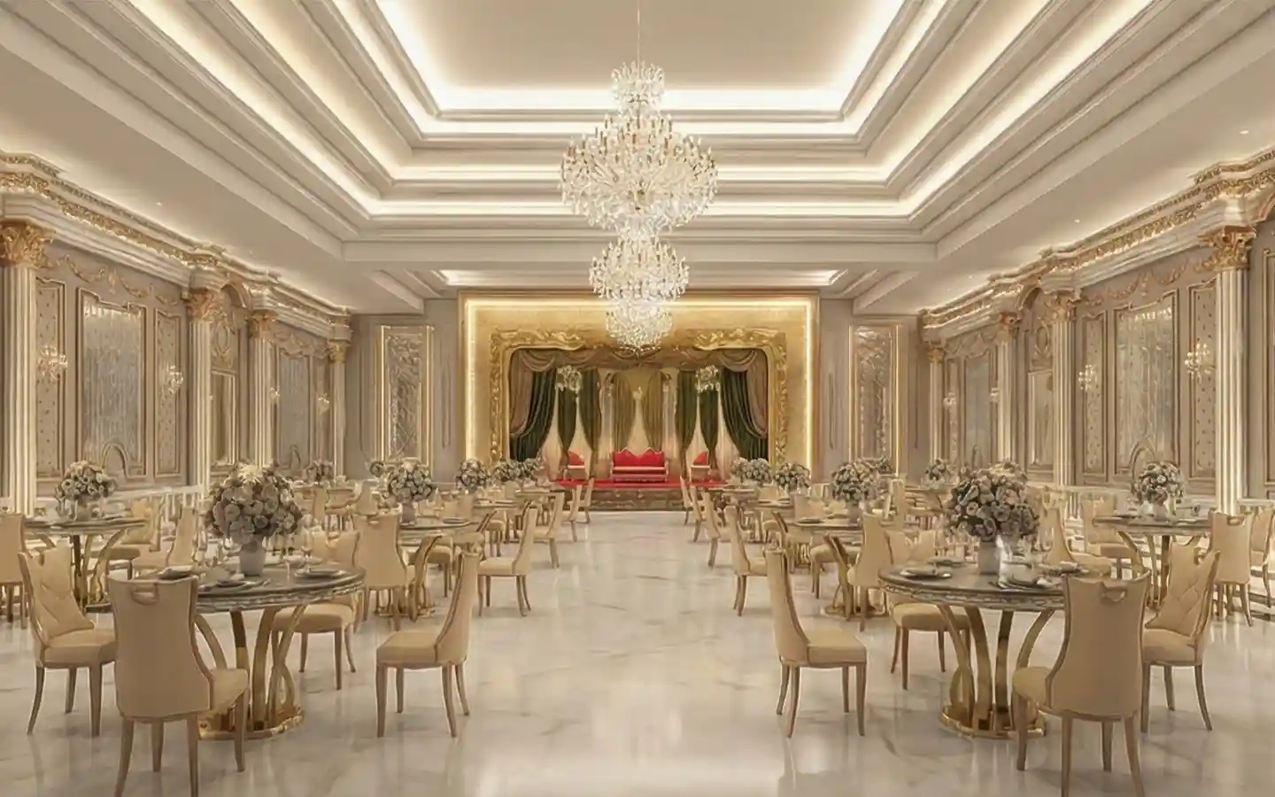 Grand wedding banquet hall featuring a luxury stage with drapes, tiered tray ceiling with LED cove lighting, and ornate round dining tables with cream-colored chairs