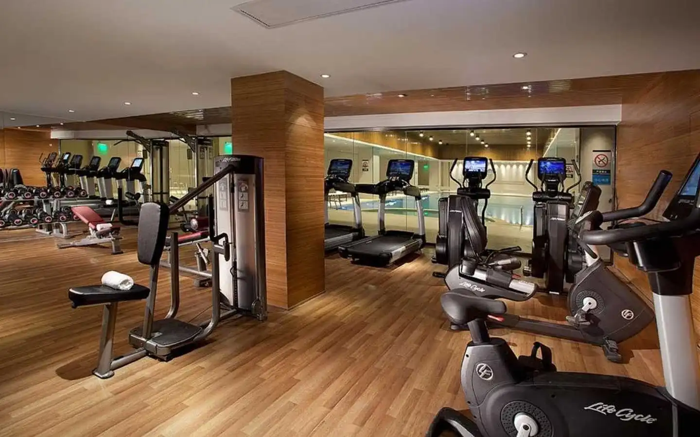 Modern commercial gym interior design in Delhi with wooden flooring, premium cardio equipment, and glass partitions overlooking a swimming pool
