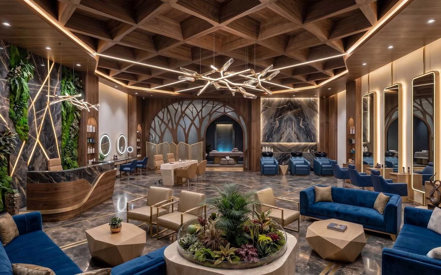 Ultra-modern salon interior with wood coffered ceilings, blue velvet sofas, a marble reception desk, and vertical greenery walls