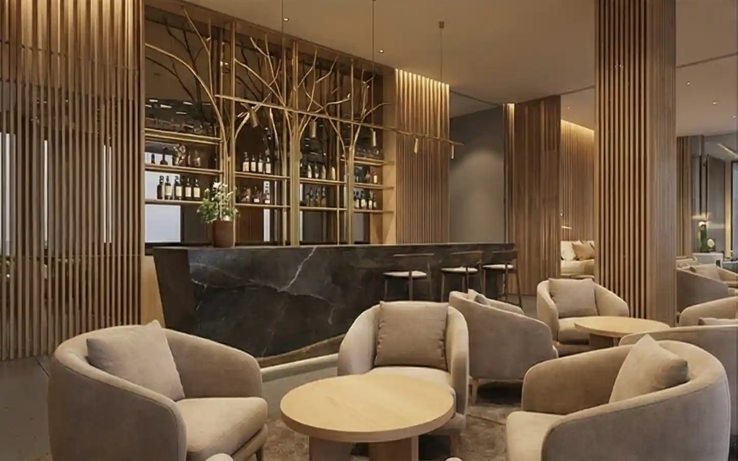 Boutique hotel lounge bar featuring a black marble counter, decorative gold branch shelving, and vertical wood slat room dividers