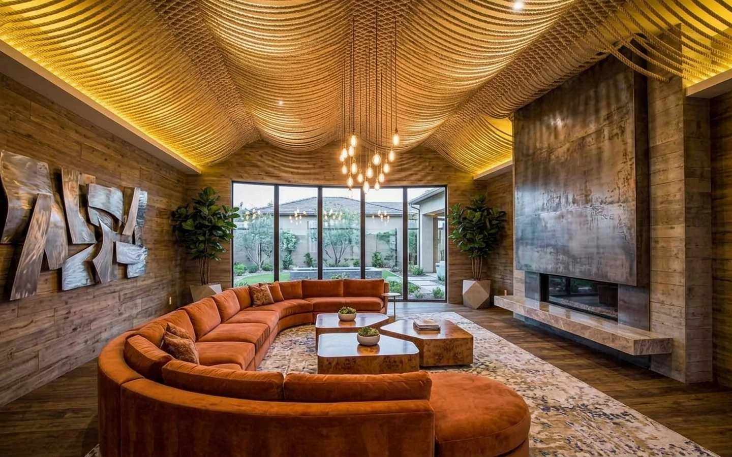 Industrial farmhouse living room with a decorative rope-swag ceiling, oversized burnt orange curved sectional, and reclaimed wood walls with a metal fireplace