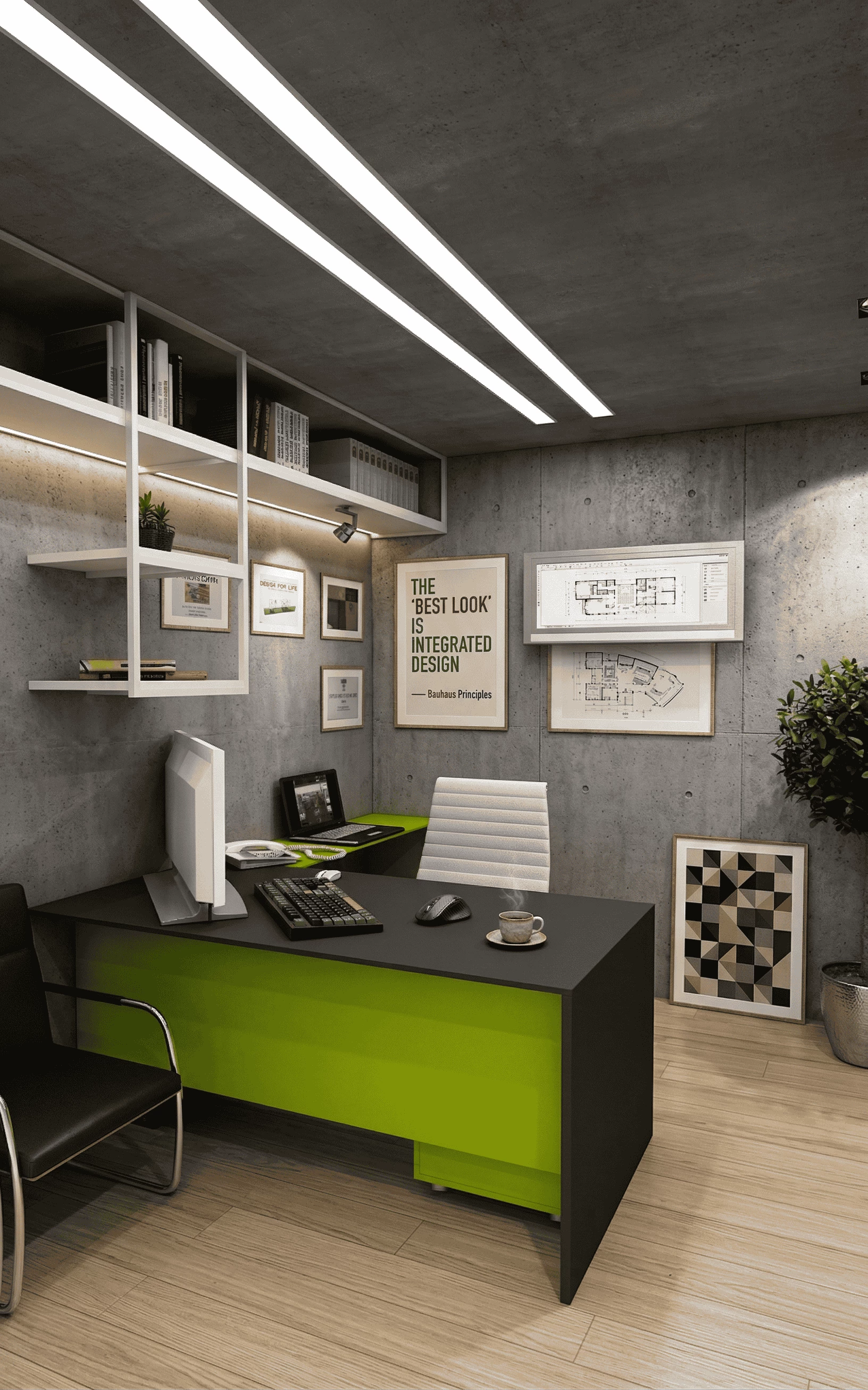Modern industrial home office interior featuring exposed concrete walls, a black and lime green executive desk, and minimalist white shelving with integrated lighting