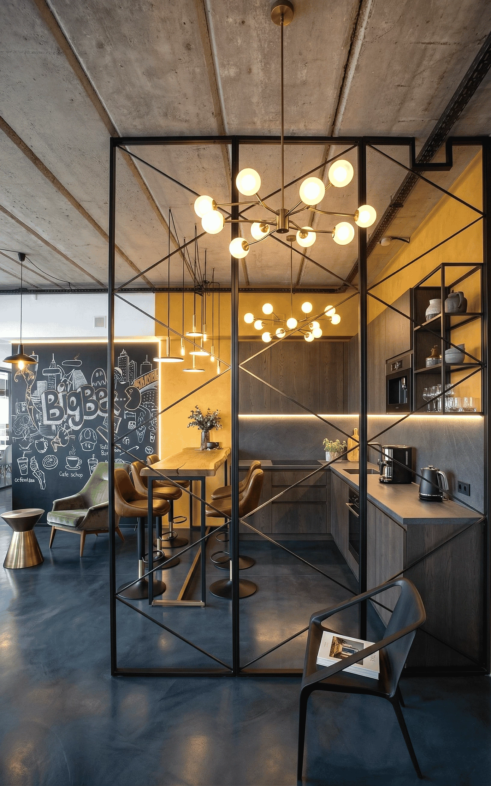 Industrial-style modern café interior with concrete ceiling, geometric partition, marble counter, pendant lights, and chalkboard wall art