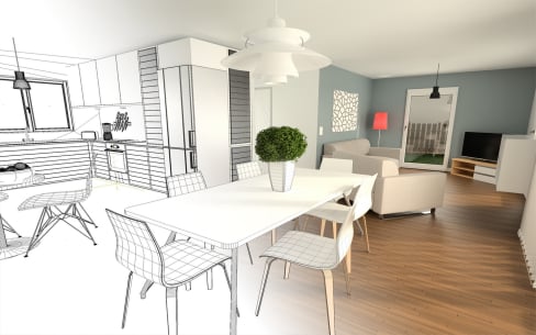 Interior design concept showing wireframe sketch transitioning into realistic 3D rendering of open-plan living and dining area
