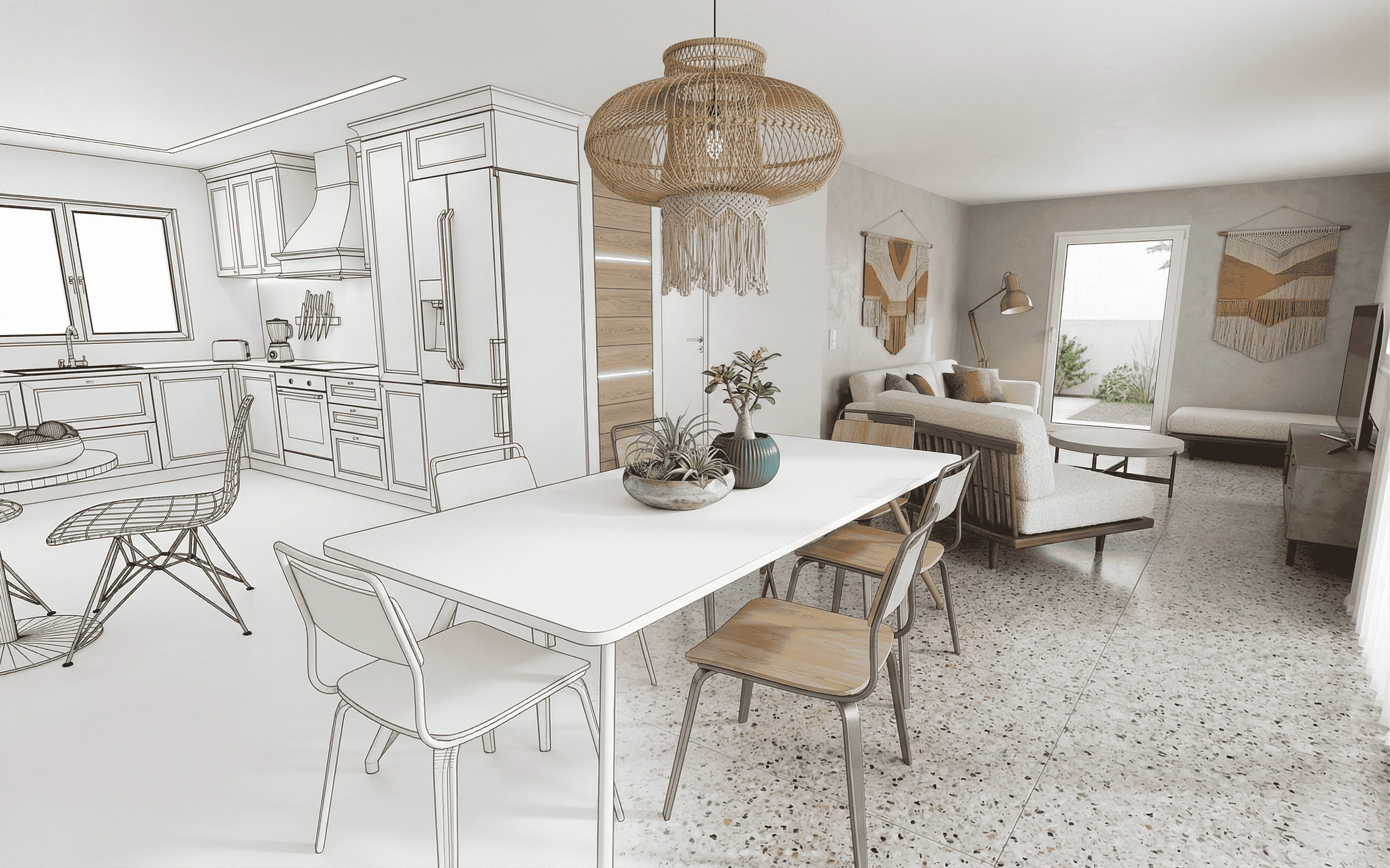 A creative interior design visualization showing a transition from a wireframe line drawing to a finished modern open-concept space with a kitchen, dining area, and boho-style living room