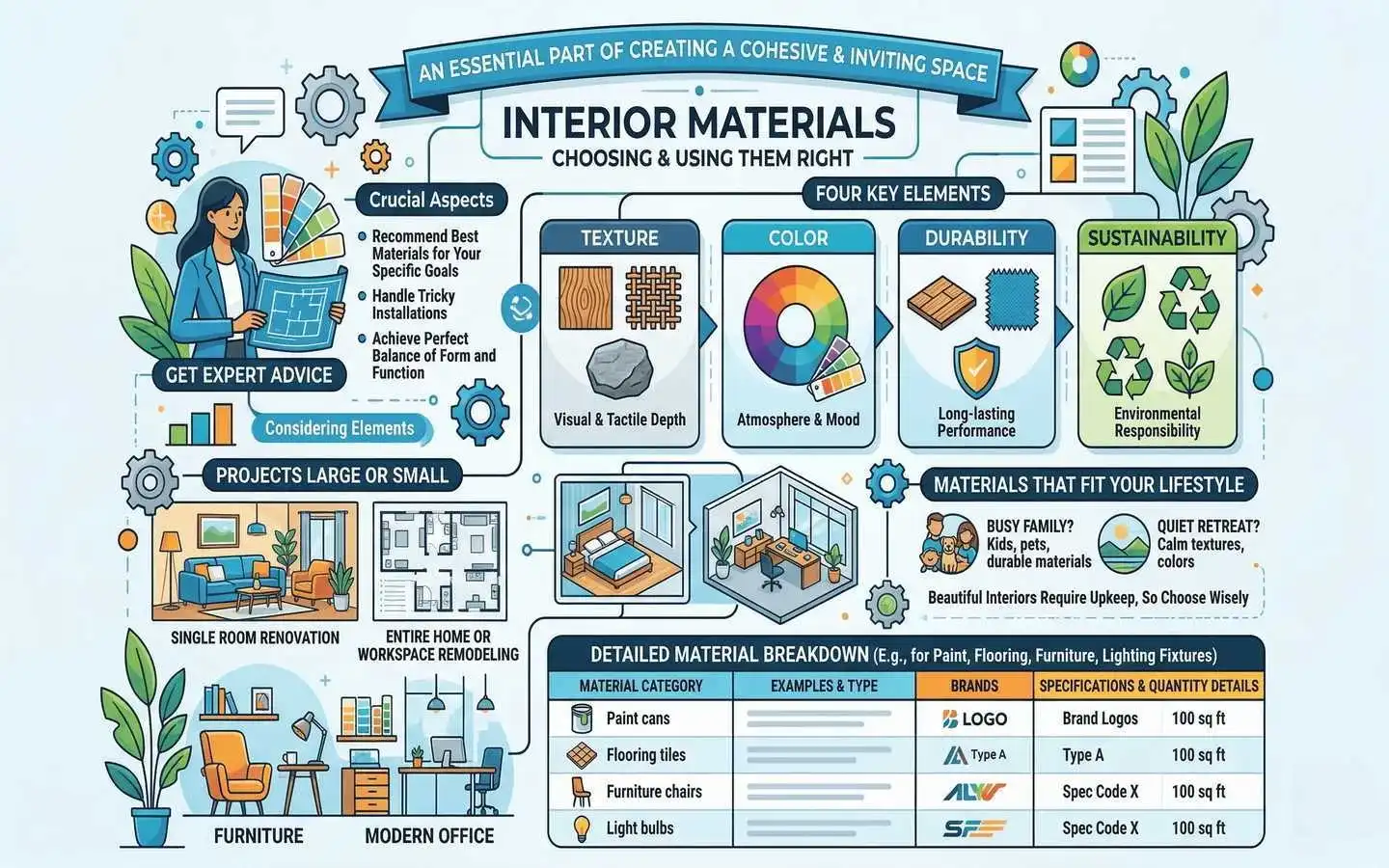 Comprehensive guide to choosing interior design materials, featuring texture, color, and durability tips from expert interior designers in Delhi
