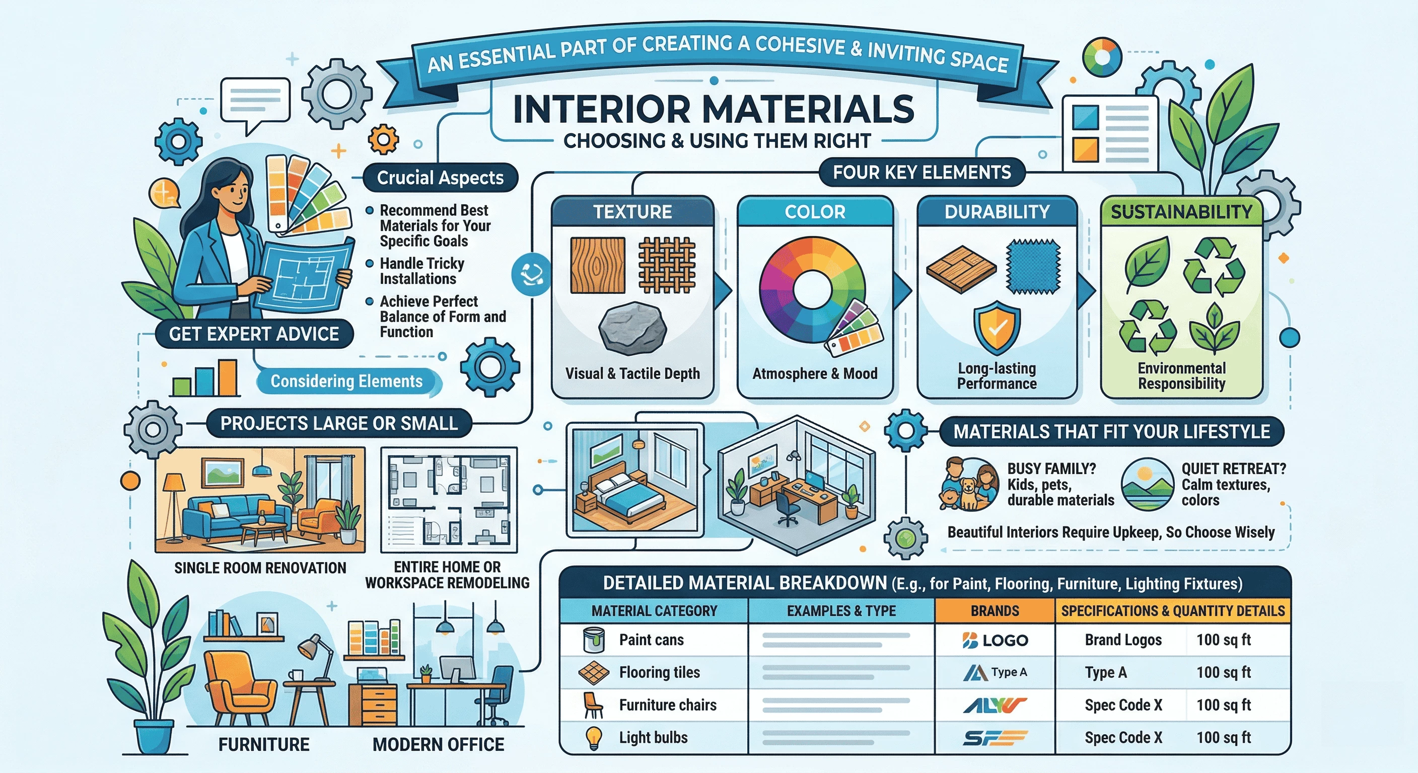 Infographic guide on choosing interior materials, focusing on texture, color, durability, and sustainability for home renovations and office remodeling projects