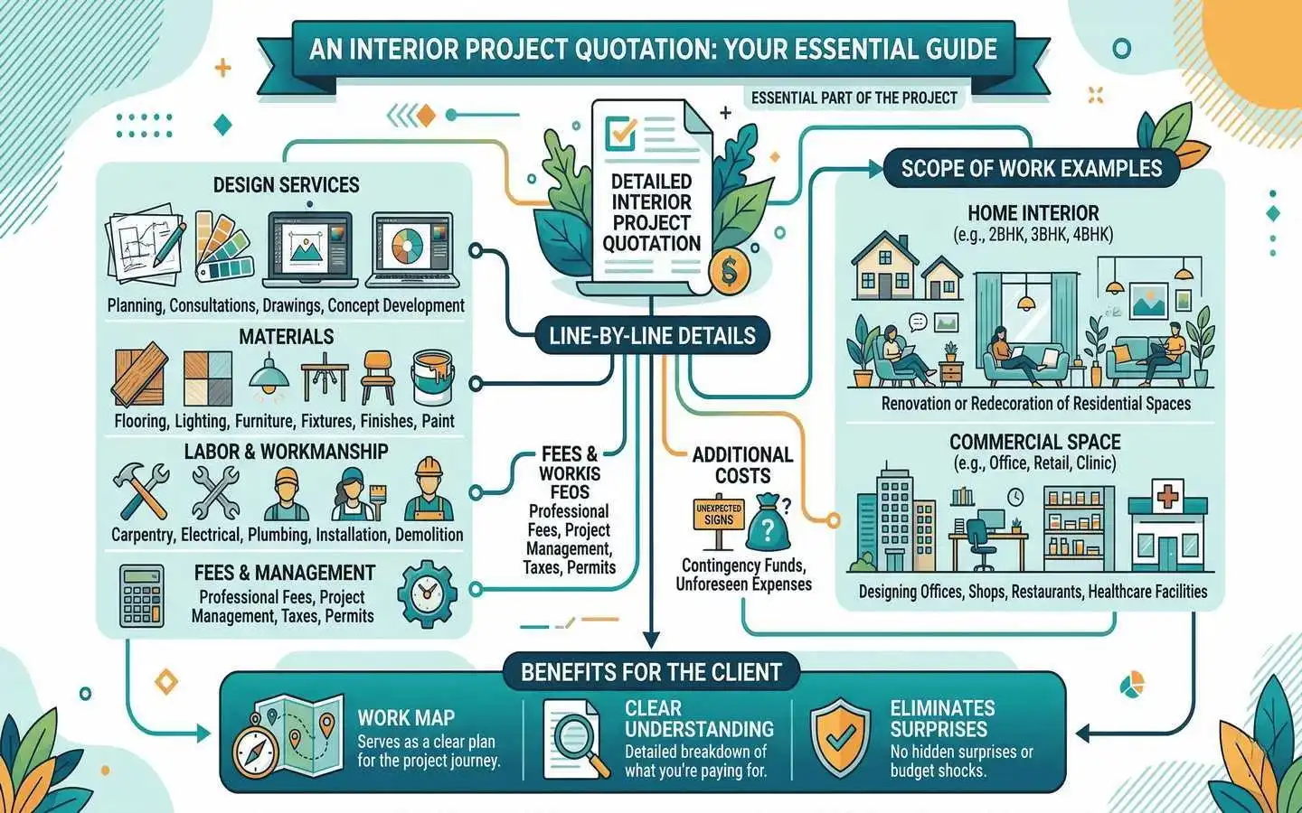 Infographic guide for interior design project quotations in Delhi, covering design services, material costs, labor, and residential or commercial scope of work